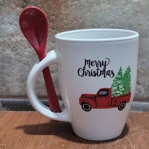 Red Truck Christmas Tree Ceramic Mug Matching Spoon